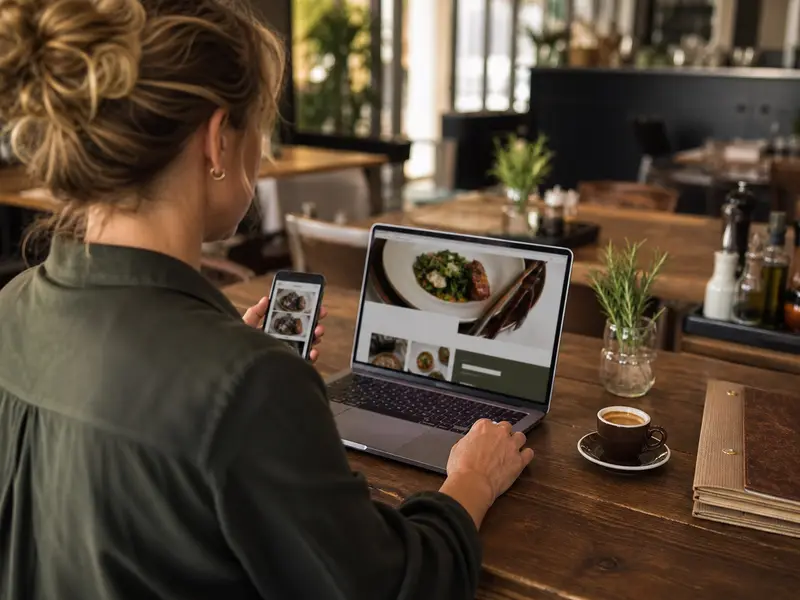 Restaurantinhaberin betrachtet ihre neue Website auf Laptop und Smartphone